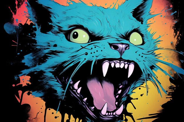 Dark Blue Cat Illustratie in Gritty Horror Comic Style met heldergele Cyan Pop Art