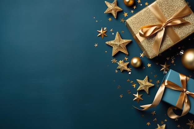 темно-синий рождественский плоский фон подарочные коробки и золотые звезды и шары копировать пространство для дизайна