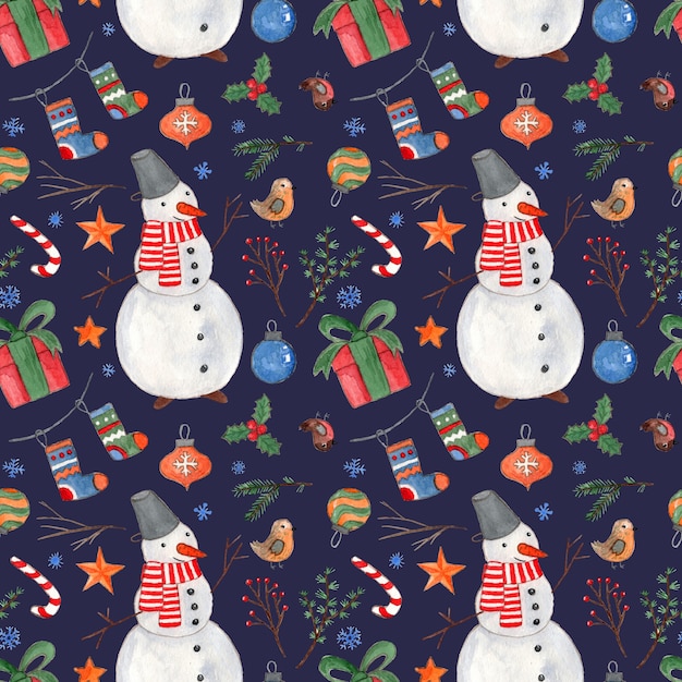 Dark blue Christmas seamless pattern with bright colorful watercolor  snowmen gifts birds and balls