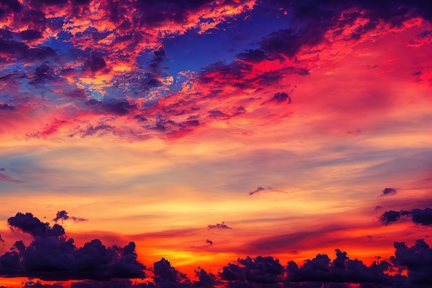 Dark blue clouds of clouds against backdrop of sunrise dramatic sky created with generative ai