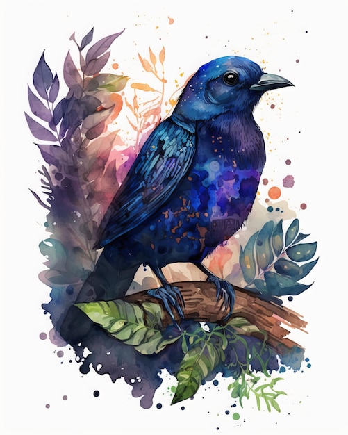 a dark blue cute bird, in tropical jungle, ink and watercolor illustration