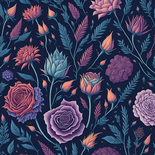 A dark blue floral background with a purple flower and leaves.