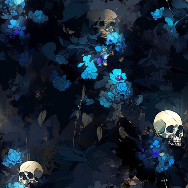 Photo a dark blue floral background with skulls and roses.