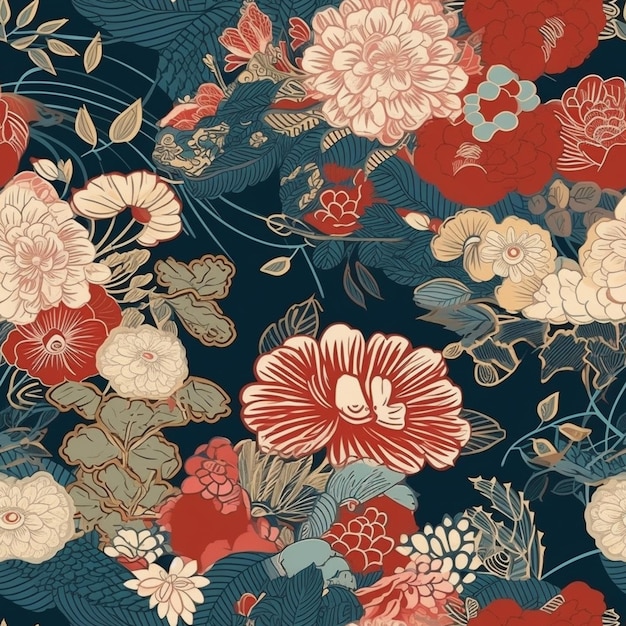 A dark blue floral pattern with red flowers and leaves.