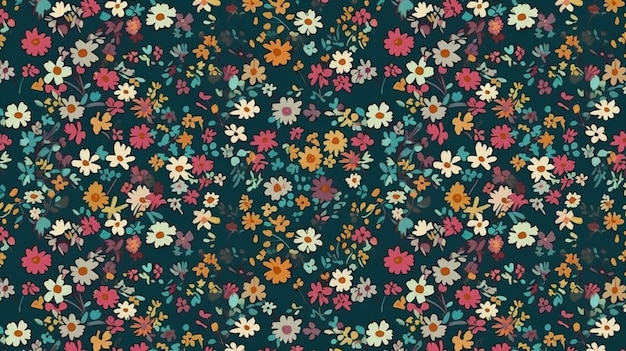 A dark blue floral pattern with a red and yellow flowers.