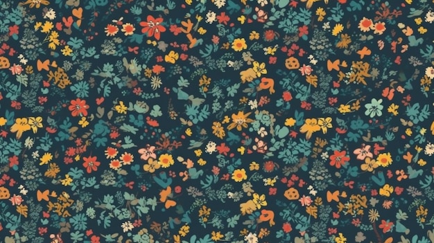 A dark blue floral pattern with a red and yellow flowers.