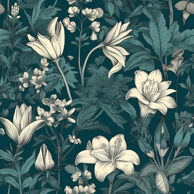 A dark blue floral wallpaper with a white flower and a butterfly on the left.