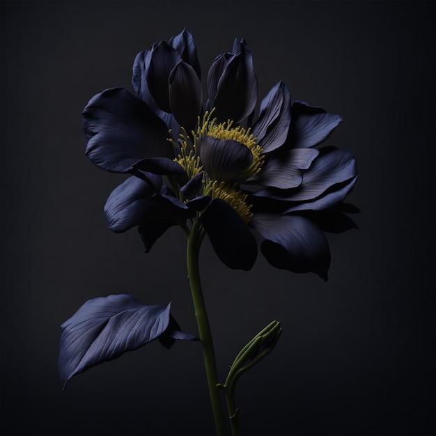 Темно-синий цветок с зеленым стеблем и желтой серединкой.