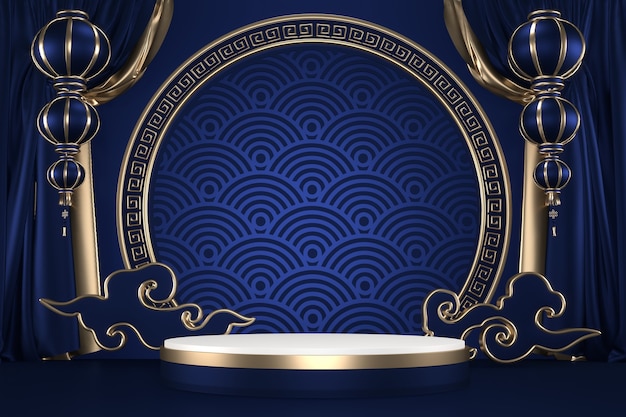 Dark blue geometric background, japanese style podium blue concept .3d rendering