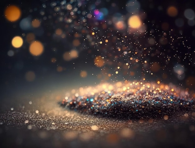 Dark blue and glow particle abstract background Blurry bokeh background with sparkles particles and glitter created with Generative AI technology