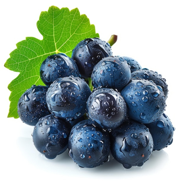 Dark blue grape with leaves isolated on white background Wet fruit