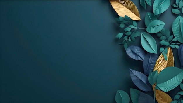 Dark blue green and golden leaves on dark green background copy space top view ai generated