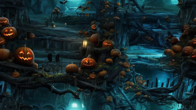 A dark blue halloween scene with pumpkins and bats.