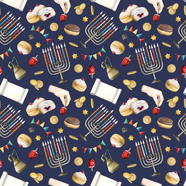Photo dark blue hanukkah symbols watercolor seamless pattern with food and bakery jewish holiday donuts