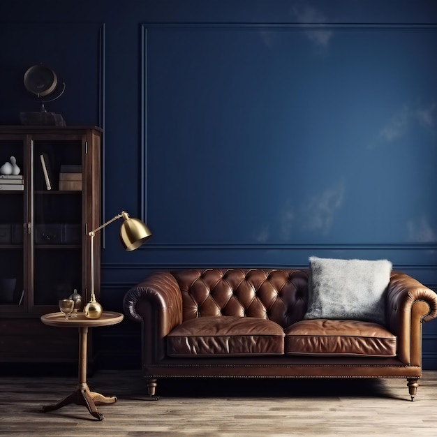 Dark Blue Home Interior with Old Retro Furniture Hipster Studio
