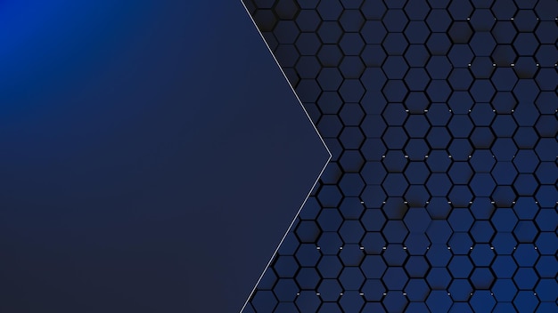 Dark blue industrial background with neon honeycomb cell\
structures and copy space for background text for design blue\
industrial banner 3d render