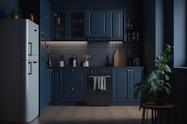 Dark blue interior kitchen Generative AI