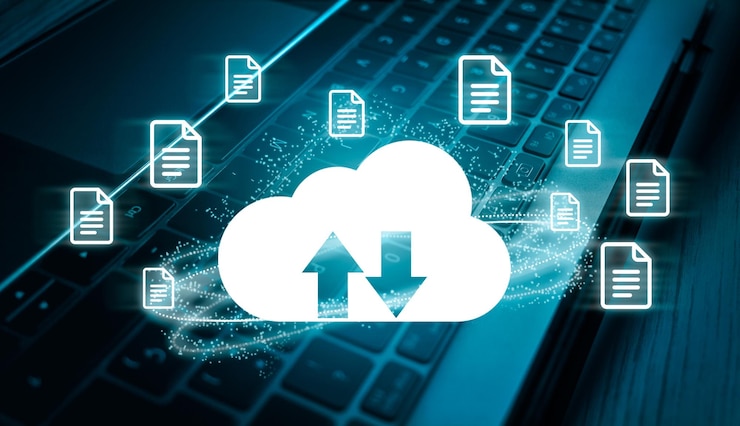 Photo dark and blue keyboard laptop with digital cloud computing diagram interface. data storage.
