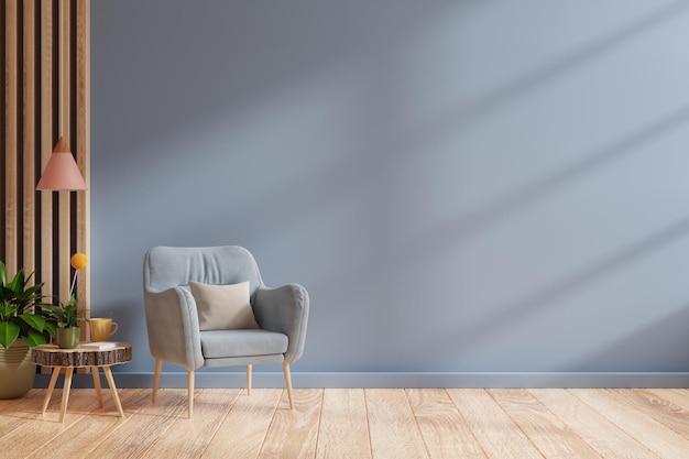 Интерьер темно-синей гостиной с уютным роскошным креслом, 3d-рендеринг