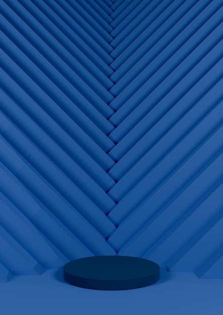 Dark blue minimal product display cylinder stand triangle pattern in background pointing to product