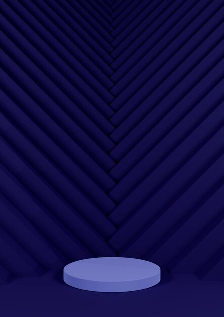 Dark blue minimal product display cylinder stand triangle pattern in background pointing to product