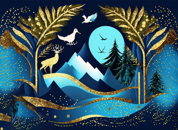 dark blue mural wallpaper from the contemporary era Christmas tree mountain dear birds