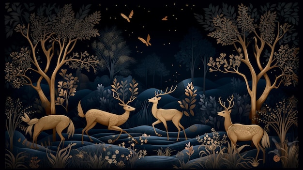 Dark blue mural wallpaper from the contemporary era Christmas tree mountain deer birds and waves of gold on a dark blue backdrop depicting a jungle or forest Generative AI