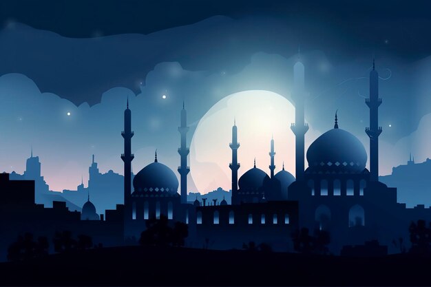 A dark blue night scene with a mosque and the moon in the background.