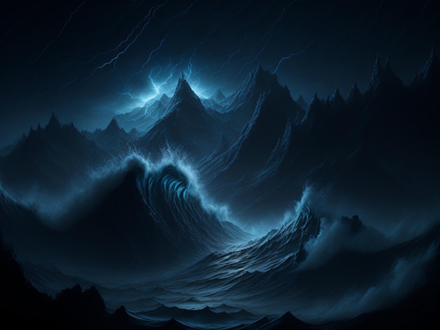 A dark blue ocean with a mountain and a blue sky with a lightning bolt