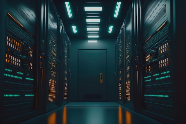 A dark blue and orange datacenter with servers Generative AI