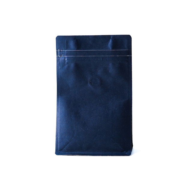 Foto confezione ziplock di carta blu scuro con valvola per chicco di caffè tostato