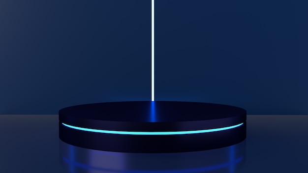 The dark blue Present with Podium glow light Minimal design 3d rendering