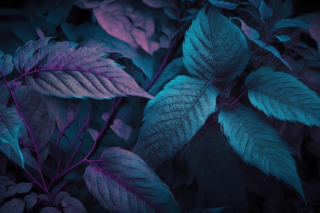 A dark blue and purple background with a plant and leaves.