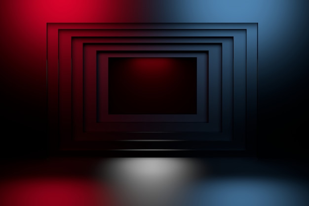 Dark blue and red geometric square tunnel in the wall. 