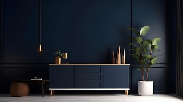 A dark blue room with a dark blue wall and a white plant.