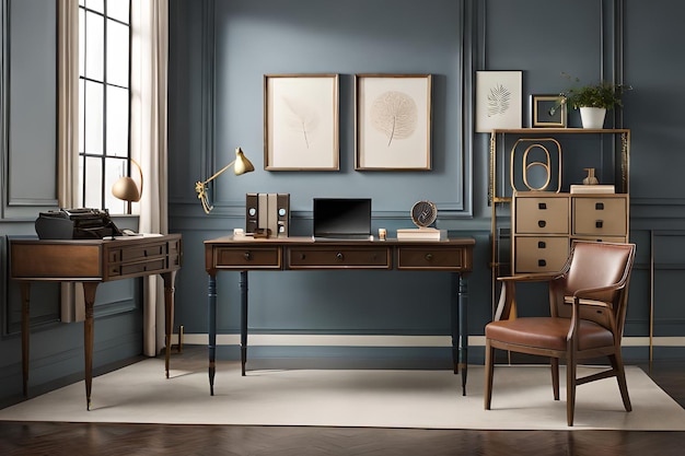 A dark blue room with a desk and a chair.