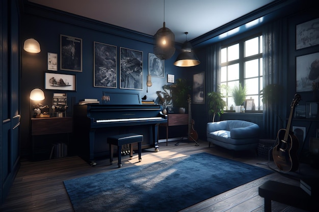 Photo a dark blue room with a piano in the corner.