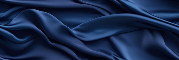 Dark blue silk satin Soft folds Fabric Navy blue luxury background Space for designWavy linesBanner WideLong Flat lay top view table Beautiful Elegant