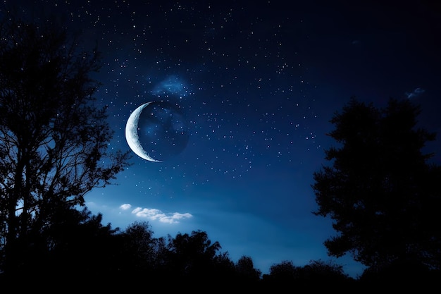 Dark blue sky with shining stars and moon in the background