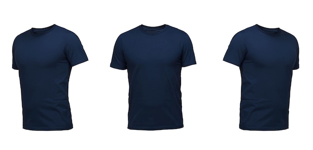 ダークブルーのノースリーブtシャツ。白い背景の上の3つの位置のtシャツ正面図