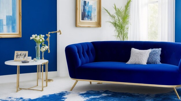 A dark blue sofa in a living room