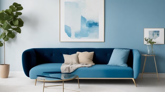 Photo a dark blue sofa in a living room