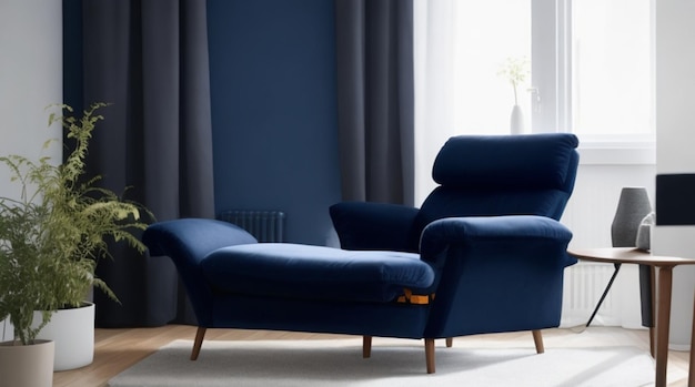 Dark Blue Sofa and Recliner Chair in Modern Living Room