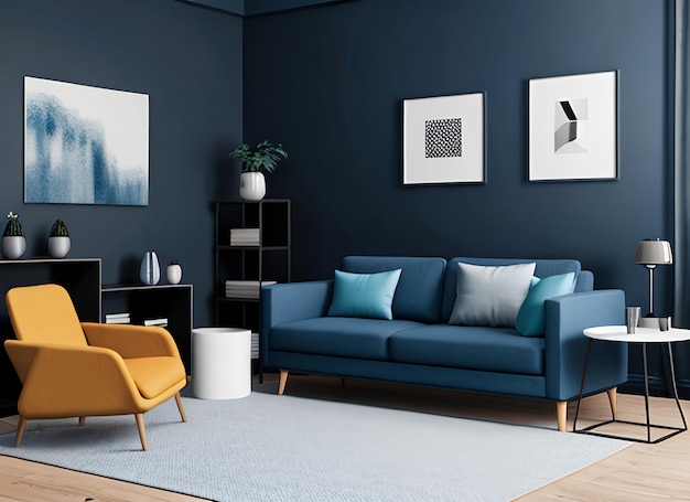 Темно-синий диван и кресло с откидной спинкой в скандинавской квартире Дизайн интерьера современной гостиной