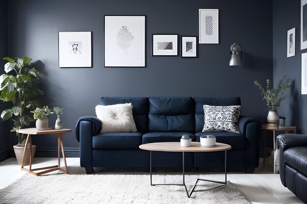 Dark blue sofa and recliner chair in scandinavian apartment Interior design of modern living room