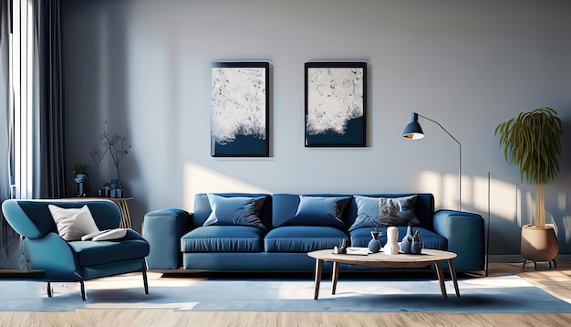 Dark blue sofa and recliner chair in scandinavian apartment Interior design of modern living room