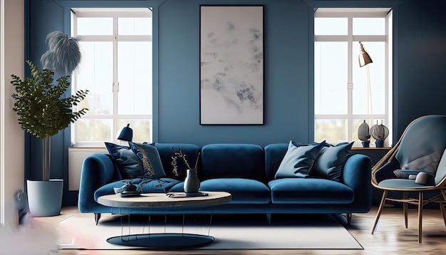 Dark blue sofa and recliner chair in scandinavian apartment Interior design of modern living room