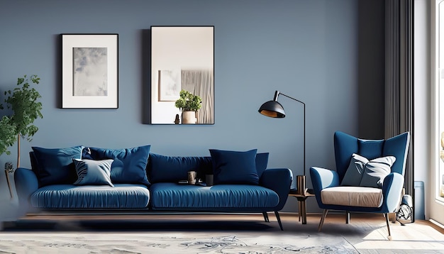 Dark blue sofa and recliner chair in scandinavian apartment Interior design of modern living room