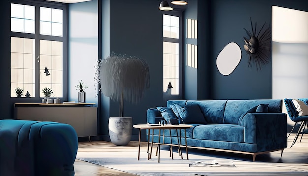 Dark blue sofa and recliner chair in scandinavian apartment Interior design of modern living room