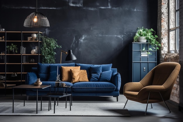 Dark blue sofa and recliner chair in scandinavian apartment